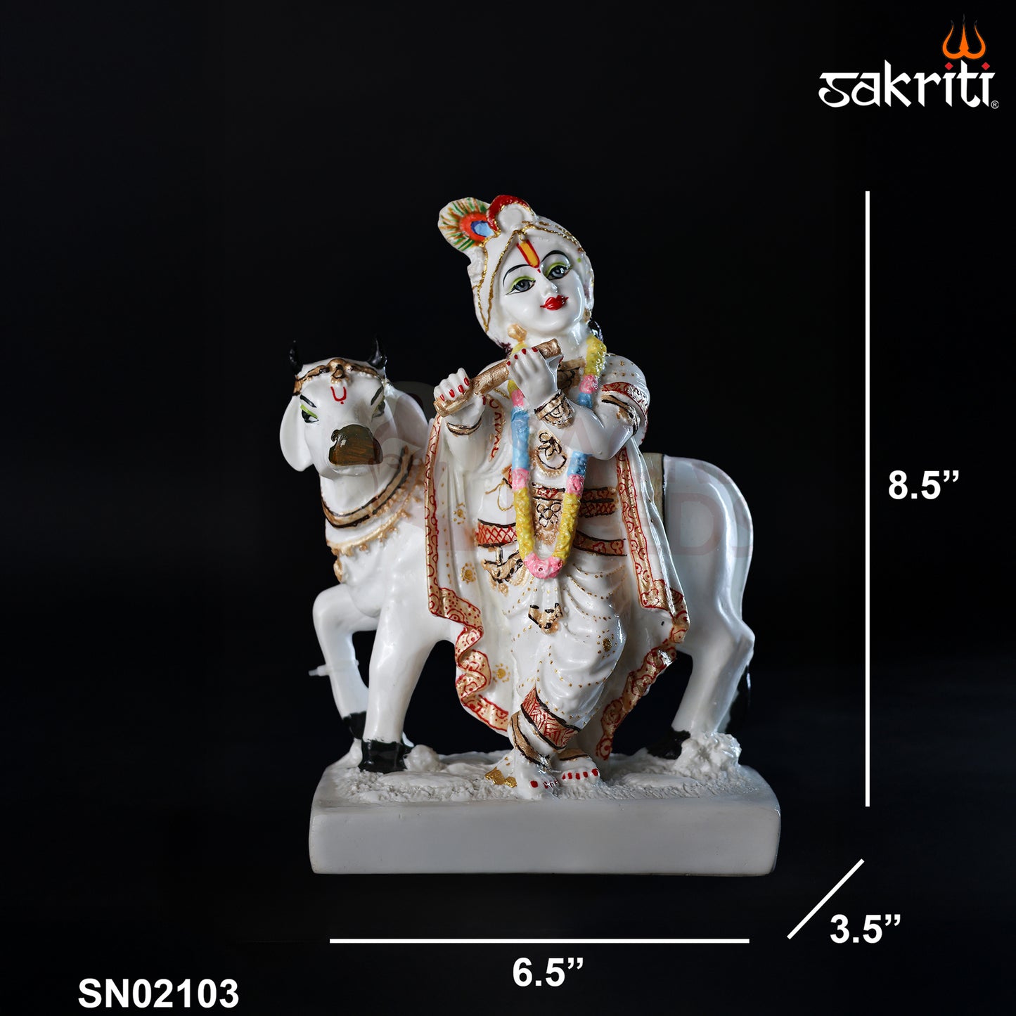 Sacred Needs Marble Dust Cow Krishna Idol – 8.5 Inch (21.6 cm) Height | Radha Krishna with Cow Statue for Temple, Pooja Room & Home Décor