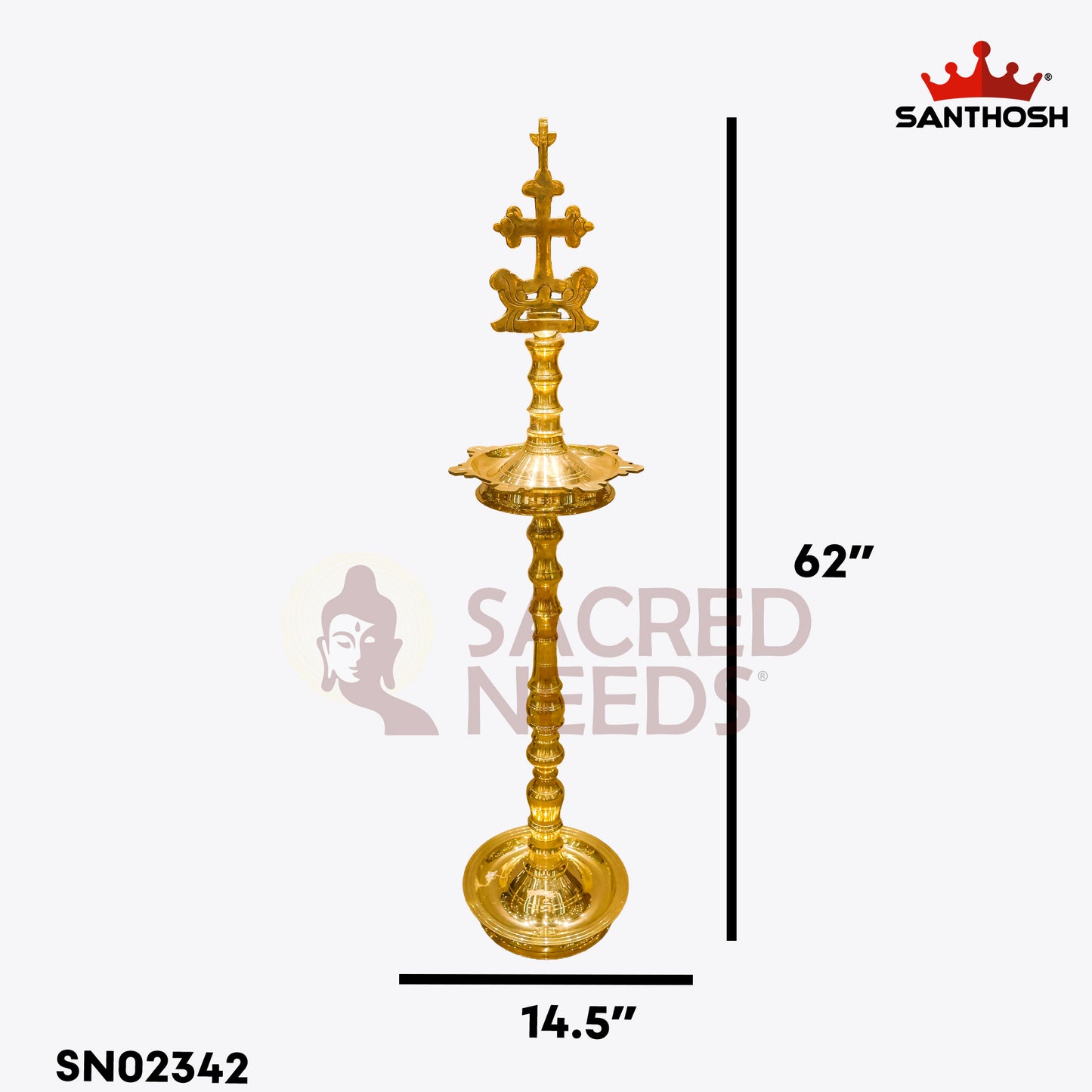 Sacred Needs Cross Kerala Vilakku Brass Lamp – 62 Inch (157.5 cm) Height | Traditional Nilavilakku / Kerala Deepam for Temple, Church & Festive Rituals