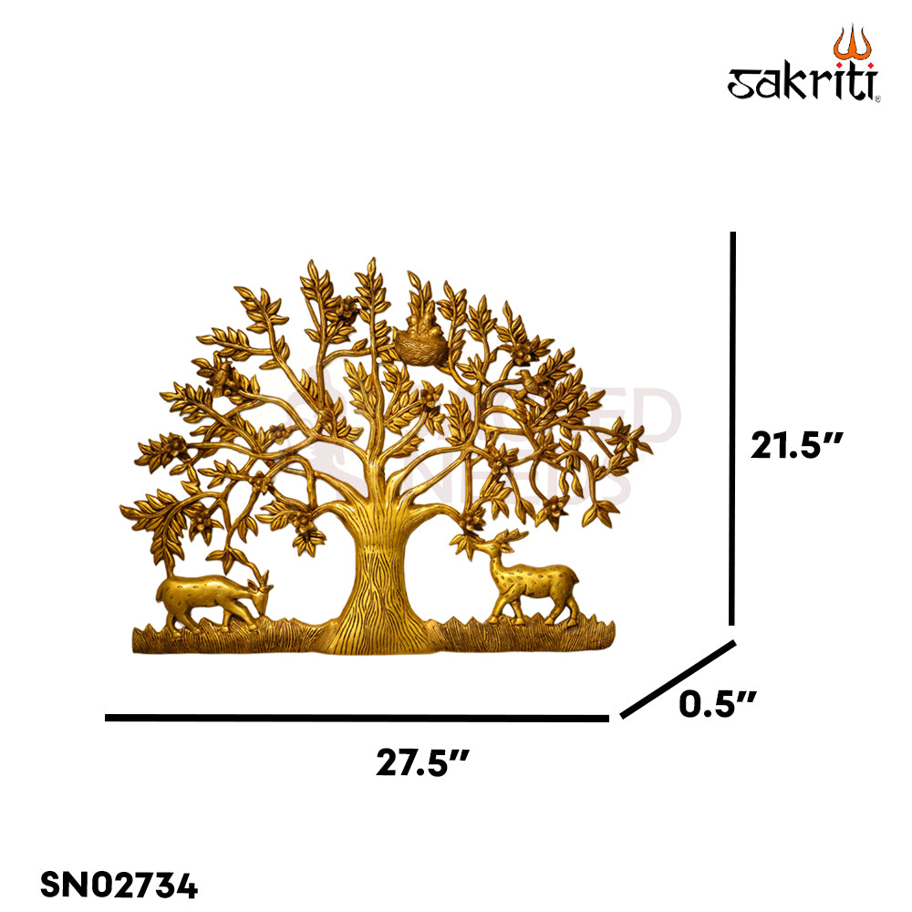 Sacred Needs Brass Tree with Deer Wall Décor – 22.5 Inch (57.2 cm) Height | Large Brass Tree & Deer Wall Hanging for Living Room, Pooja Room & Home Décor
