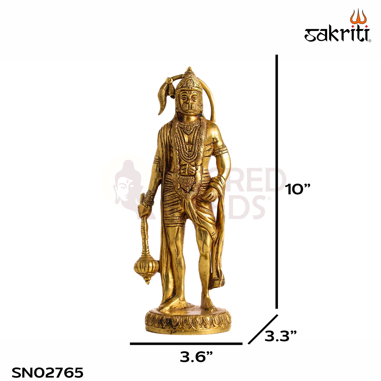 Sacred Needs Brass Standing Hanuman Idol – 10 Inch (25.4 cm) Height | Lord Hanuman Statue for Pooja Room, Temple, Spiritual Décor & Devotional Worship