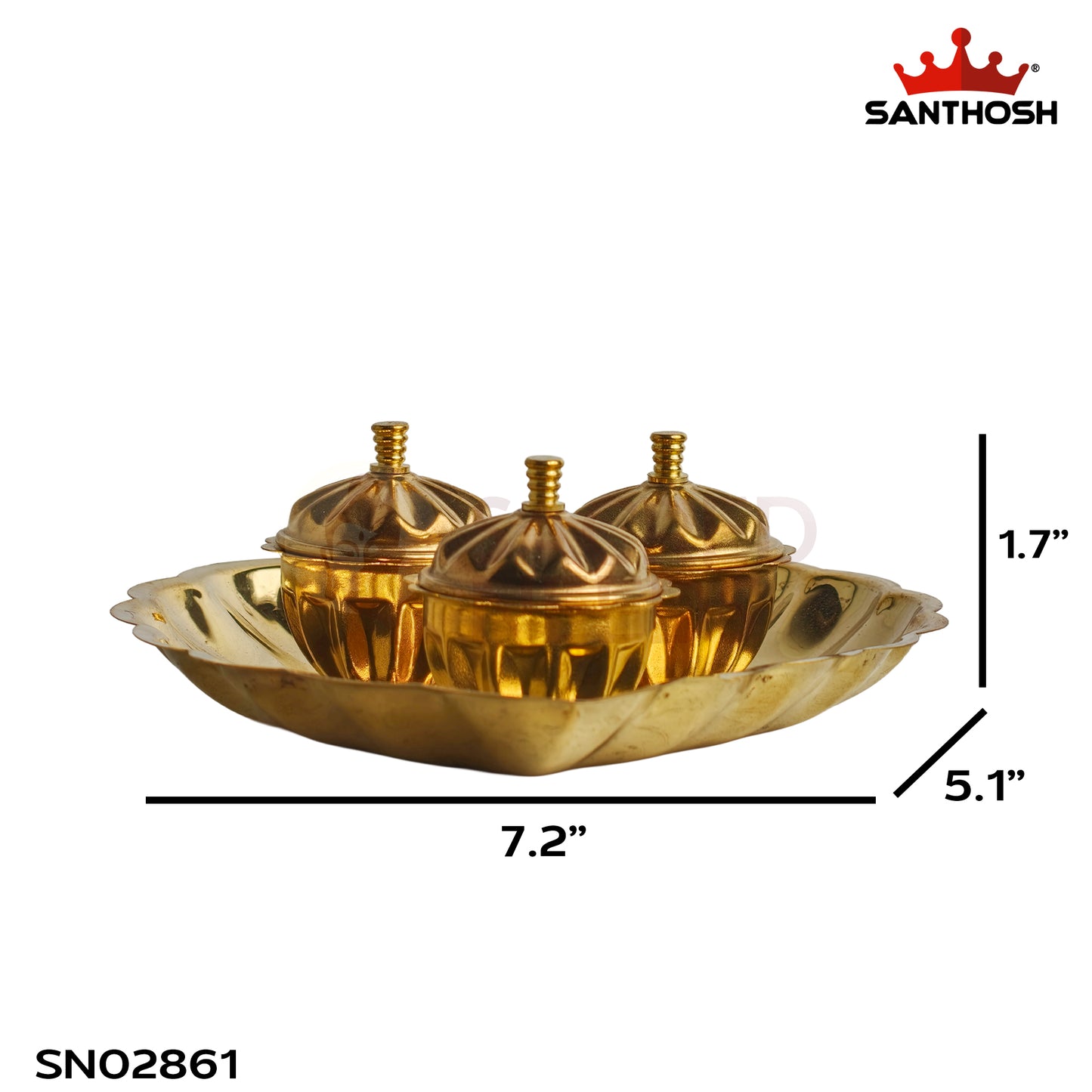 Sacred Needs Brass Leaf Plate with 3 Kumkum Pots – 1.7 Inch (4.3 cm) Height | Traditional Brass Kumkum Holder Tray for Pooja, Haldi Kumkum, Return Gifts & Home Temple