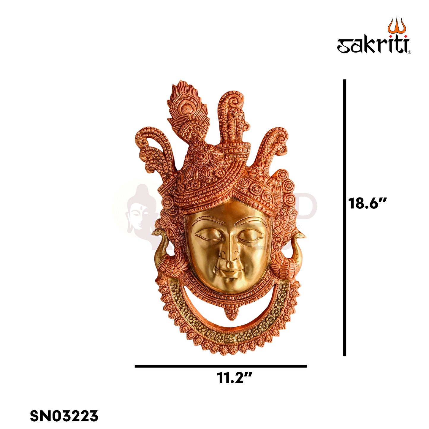 Sacred Needs Brass Krishna Head Wall Mount Plate – 18.6 Inch (47.2 cm) Height | Decorative Brass Krishna Face Wall Hanging for Pooja Room & Home Décor