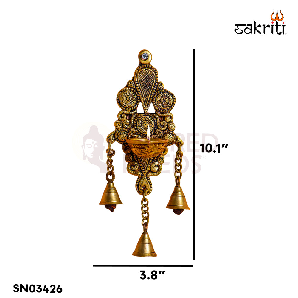 Sacred Needs Brass Wall Mount Deepam with Bell – 10.1 Inch (25.7 cm) Height | Traditional Brass Diya Wall Hanging for Pooja Room & Temple