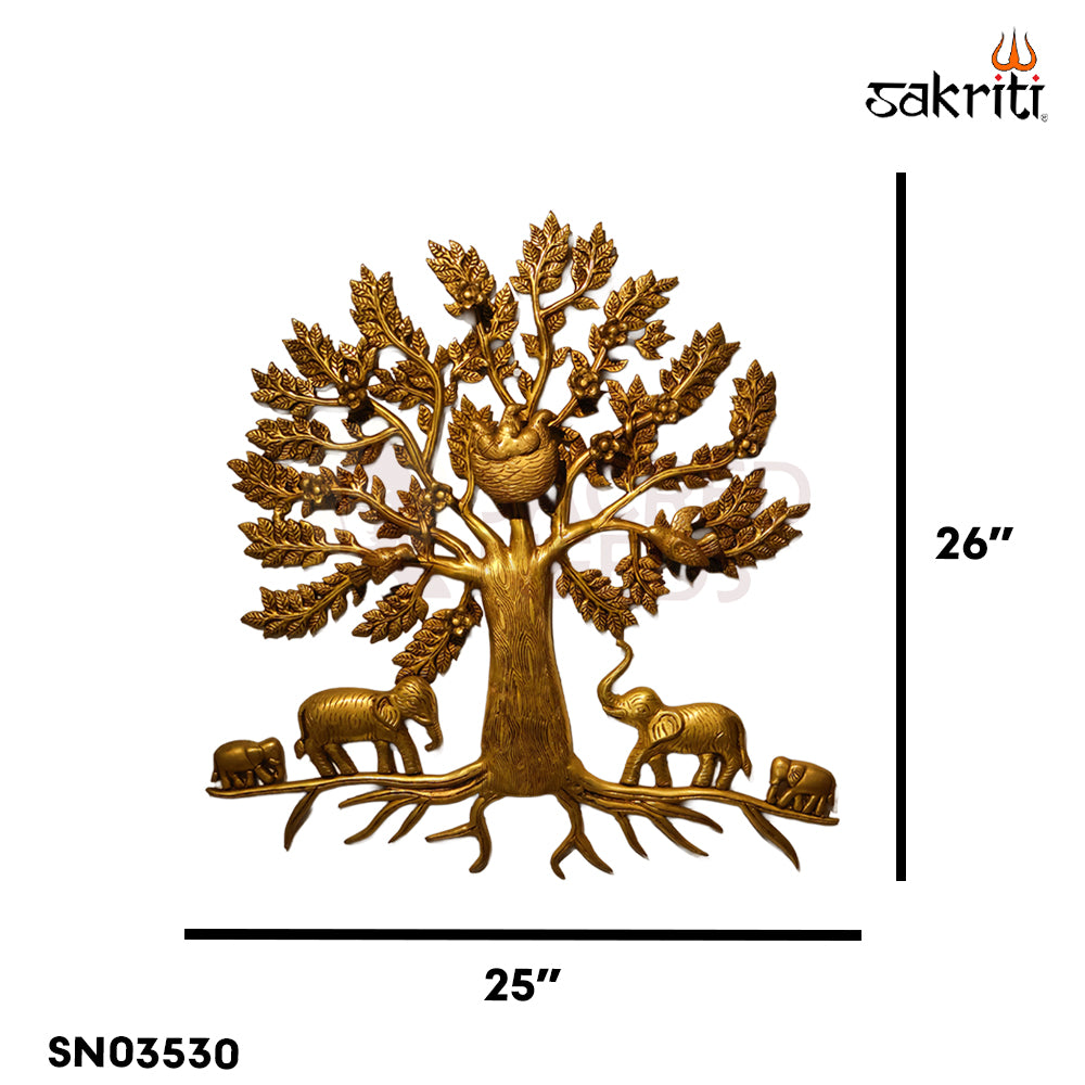 Sacred Needs Brass Tree Wall Mount with Elephant & Birds Nest – 26 Inch (66 cm) Height | Large Decorative Brass Wall Art for Home, Temple & Living Room