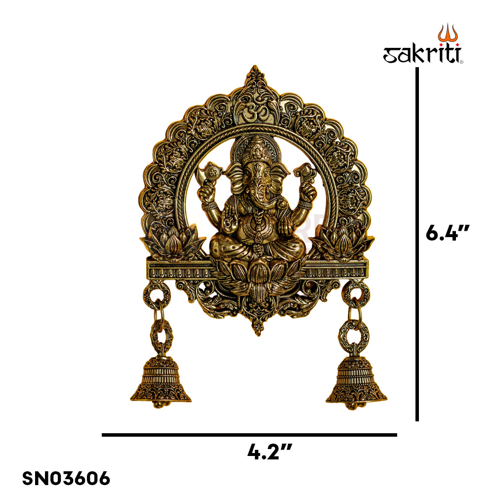 Sacred Needs Brass WC Ganesha Wall Mount with Frame & Bell – 6.4 Inch (16.3 cm) Height | Decorative Ganesha Wall Hanging for Pooja Room & Entrance