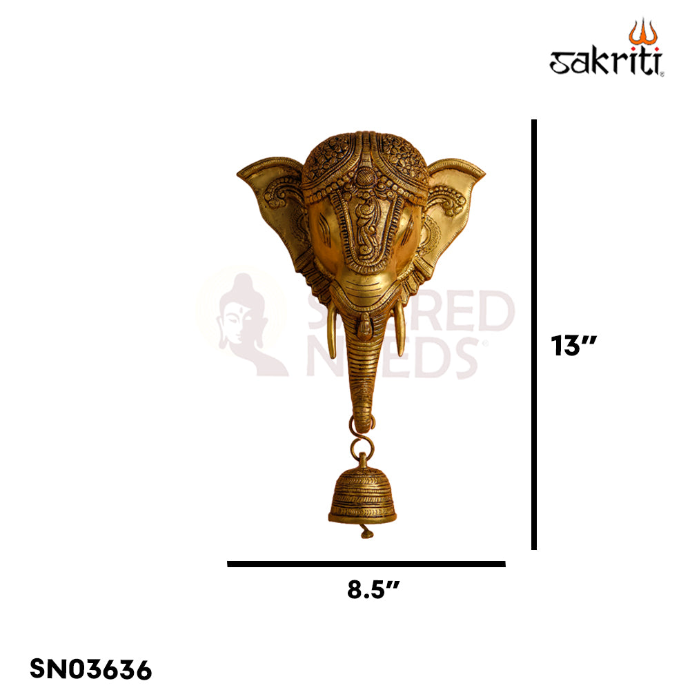 Sacred Needs Brass Elephant Head with Bell – 13 Inch (33 cm) Height | Decorative Brass Wall Hanging for Entrance, Pooja Room & Home Décor