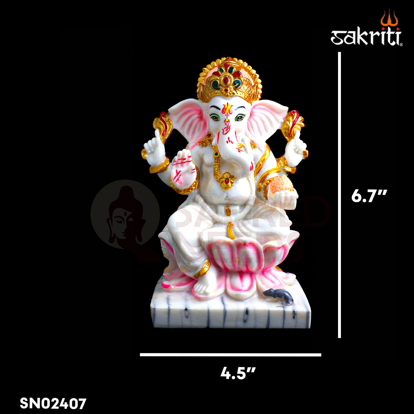 Sacred Needs Marble Dust Lotus Ganesha Idol – 6.7 Inch (17 cm) Height | Lord Ganesha Sitting on Lotus Statue for Pooja Room, Temple & Home Décor