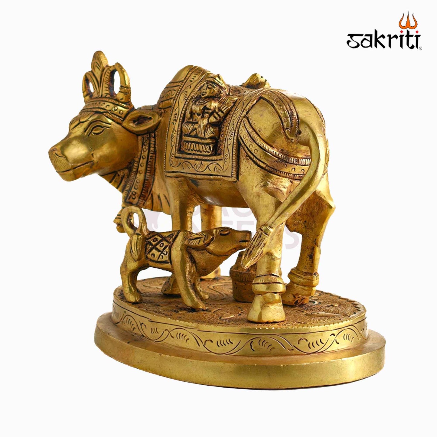 Sacred Needs Brass Cow & Calf Idol with Base – 5 Inch (12.7 cm) Height | Kamadhenu Cow Statue for Pooja Room, Temple & Spiritual Home Decor