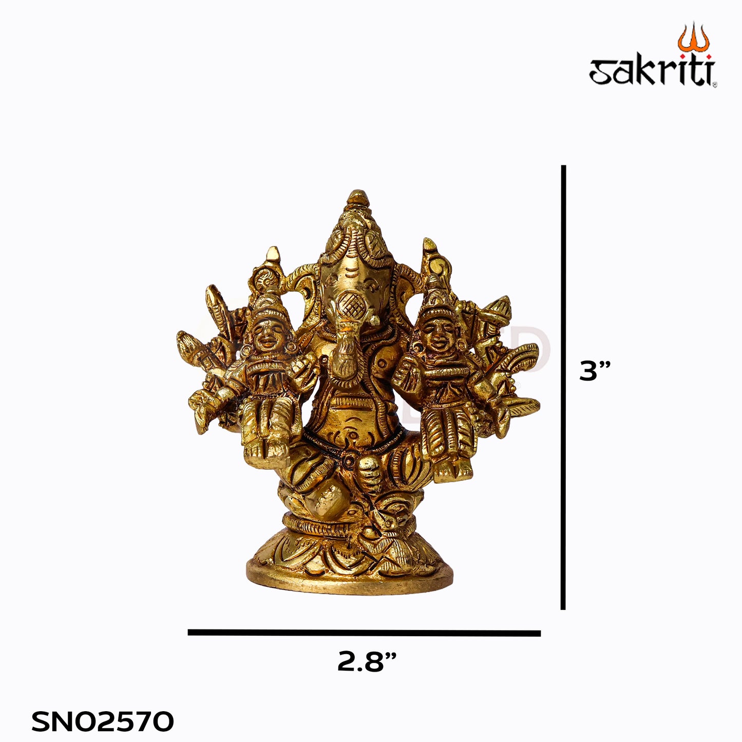 Sacred Needs Brass Ganesha Riddhi Siddhi Idol – 3 Inch (7.6 cm) Height | Lord Ganesha with Consorts Statue for Pooja & Home