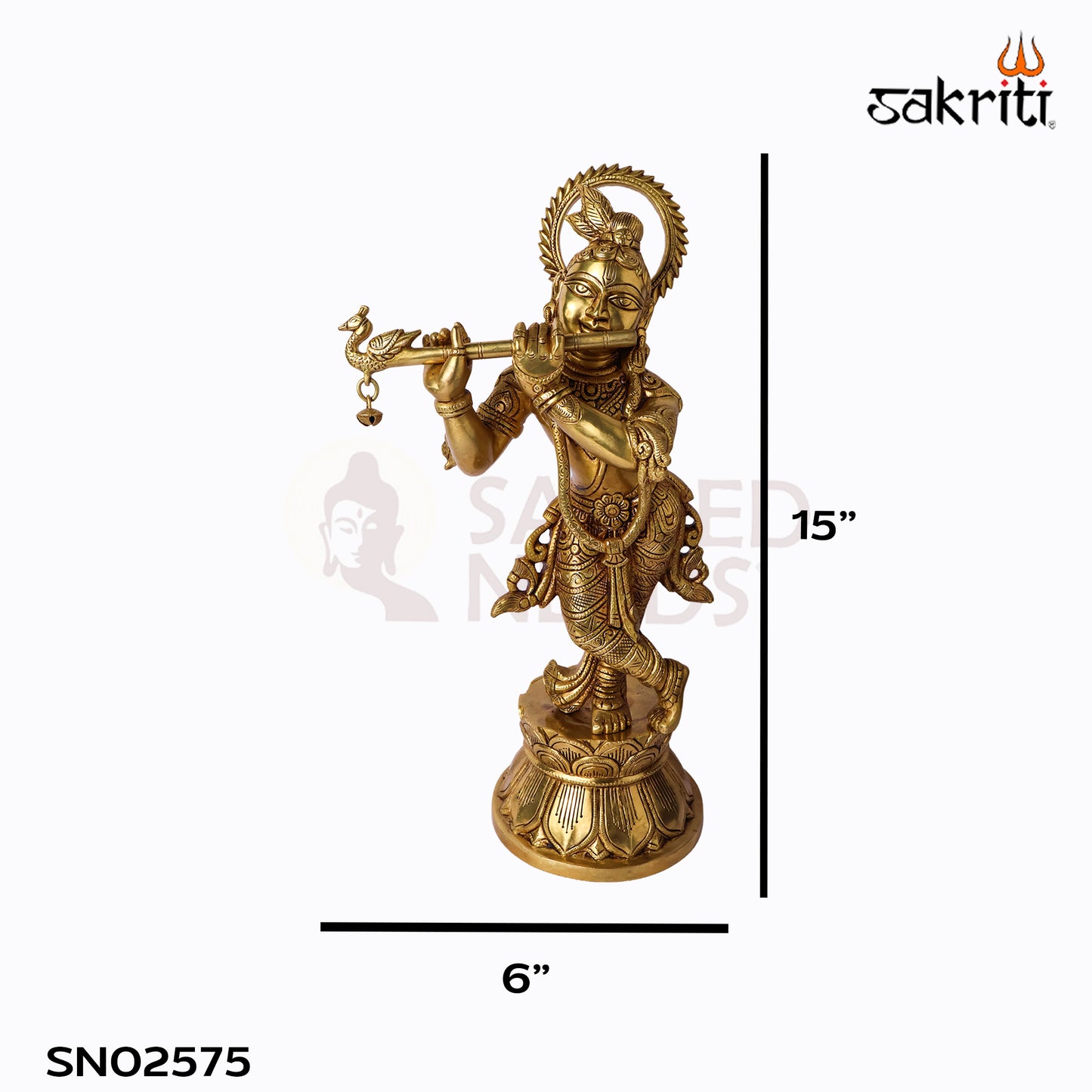 Sacred Needs Brass Krishna Idol – 15 Inch (38.1 cm) Height | Lord Krishna Statue for Temple, Pooja Room & Home Décor