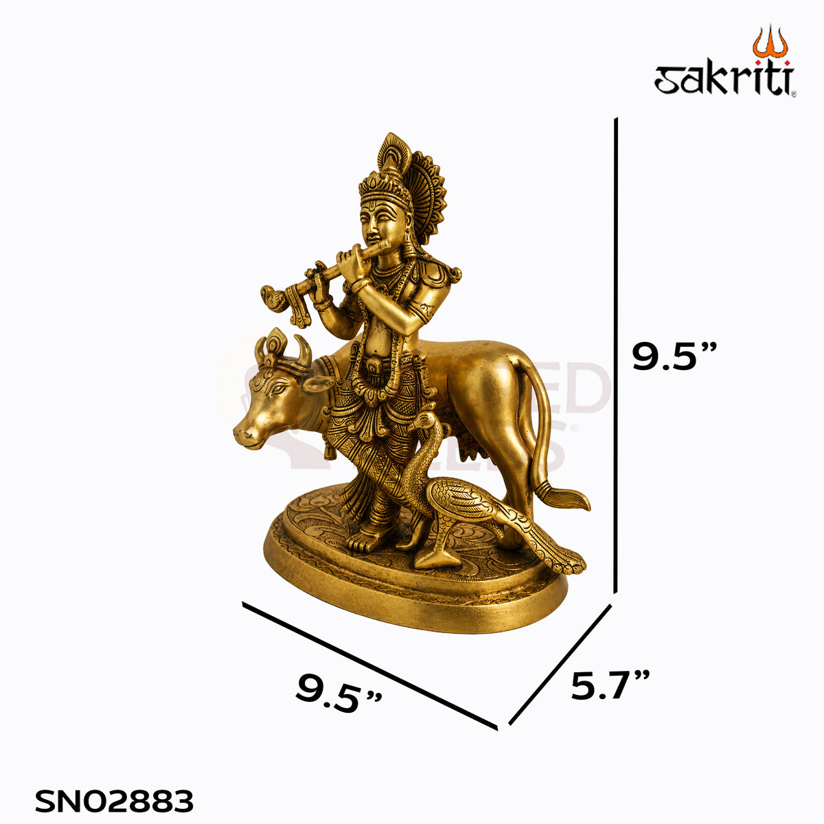 Sacred Needs Brass Cow Krishna with Peacock Idol – 9.5 Inch (24.1 cm) Height | Krishna Cow Statue for Pooja Room, Home Temple & Décor