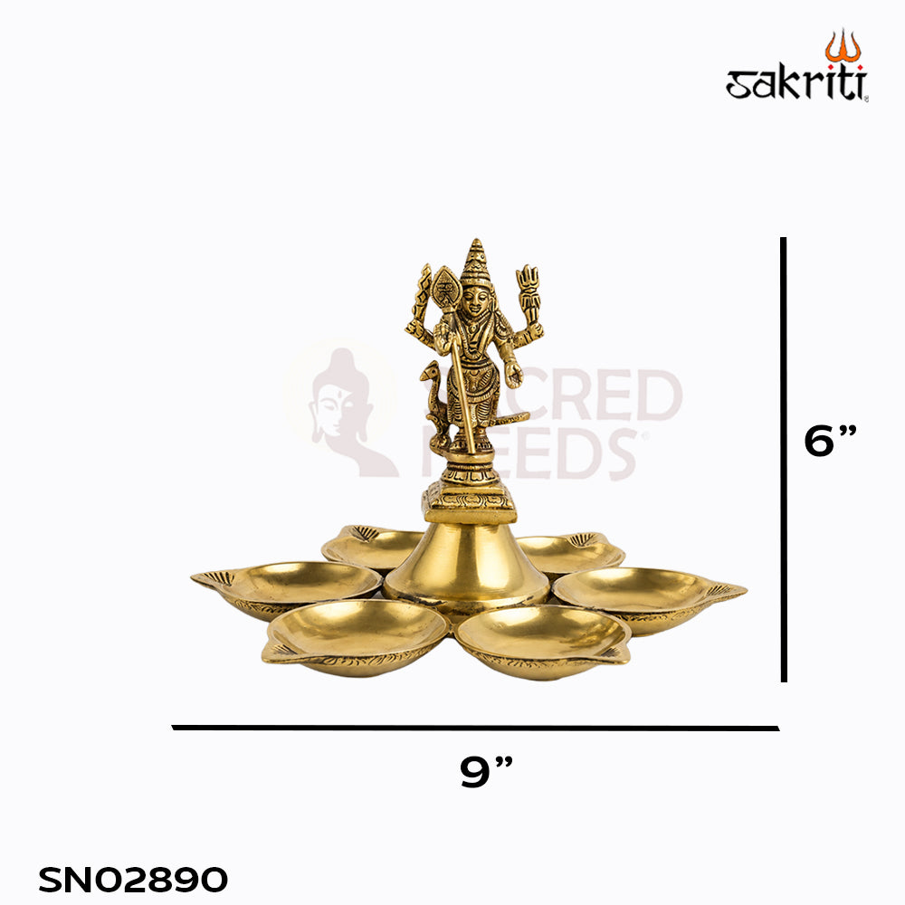Sacred Needs Brass Arupadai Vilakku – 6 Inch (15.2 cm) Height | Traditional Murugan Brass Oil Lamp for Pooja Room, Temple & Festivals