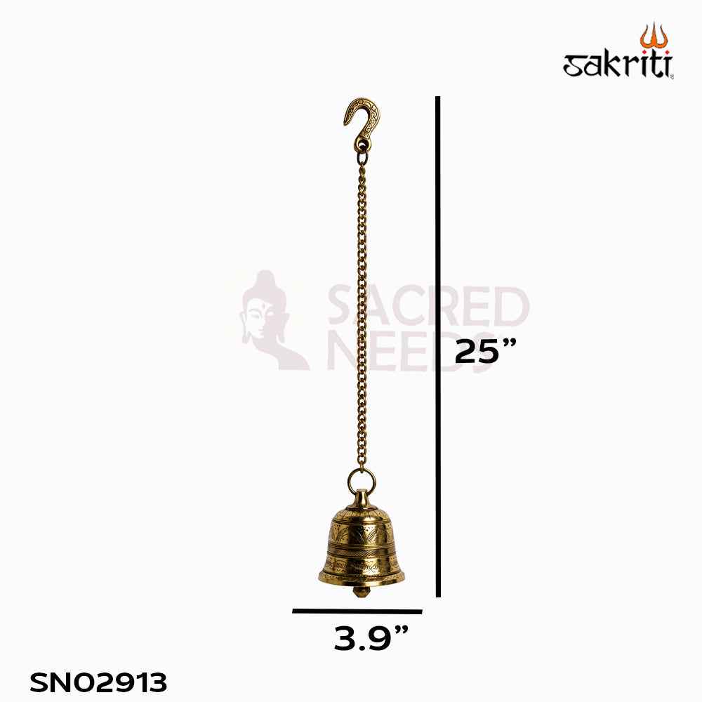 Sacred Needs Brass Bell with Chain – 25 Inch (63.5 cm) Height | Traditional Hanging Temple Bell for Pooja Room, Home Temple & Entrance Décor