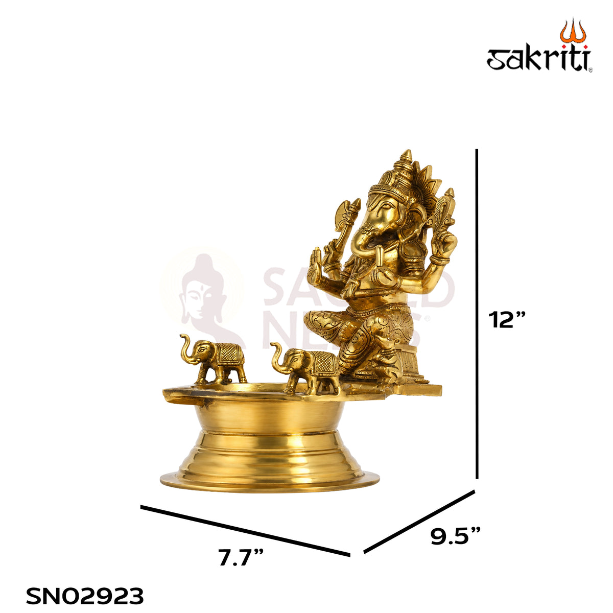 Brass Ganesha Vilakku with Elephant – 12 Inch (30.5 cm) Height | Traditional Brass Oil Lamp for Pooja Room, Temple & Home Décor