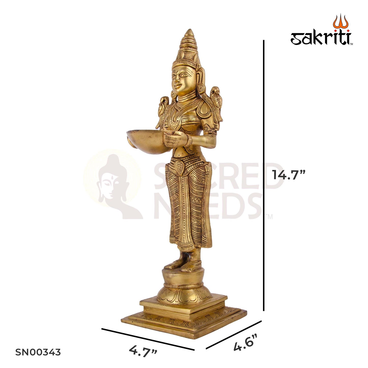 Brass Pavai Vilakku – 14.7 Inch Height | Tall Standing Lady Brass Oil Lamp for Home Pooja & South Indian Decor