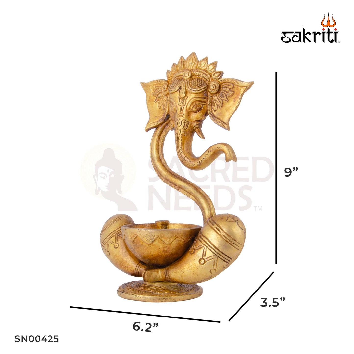 Brass Ganesha with Deepam – 9 Inch Height | Brass Lord Ganesha Statue with Deepam for Pooja