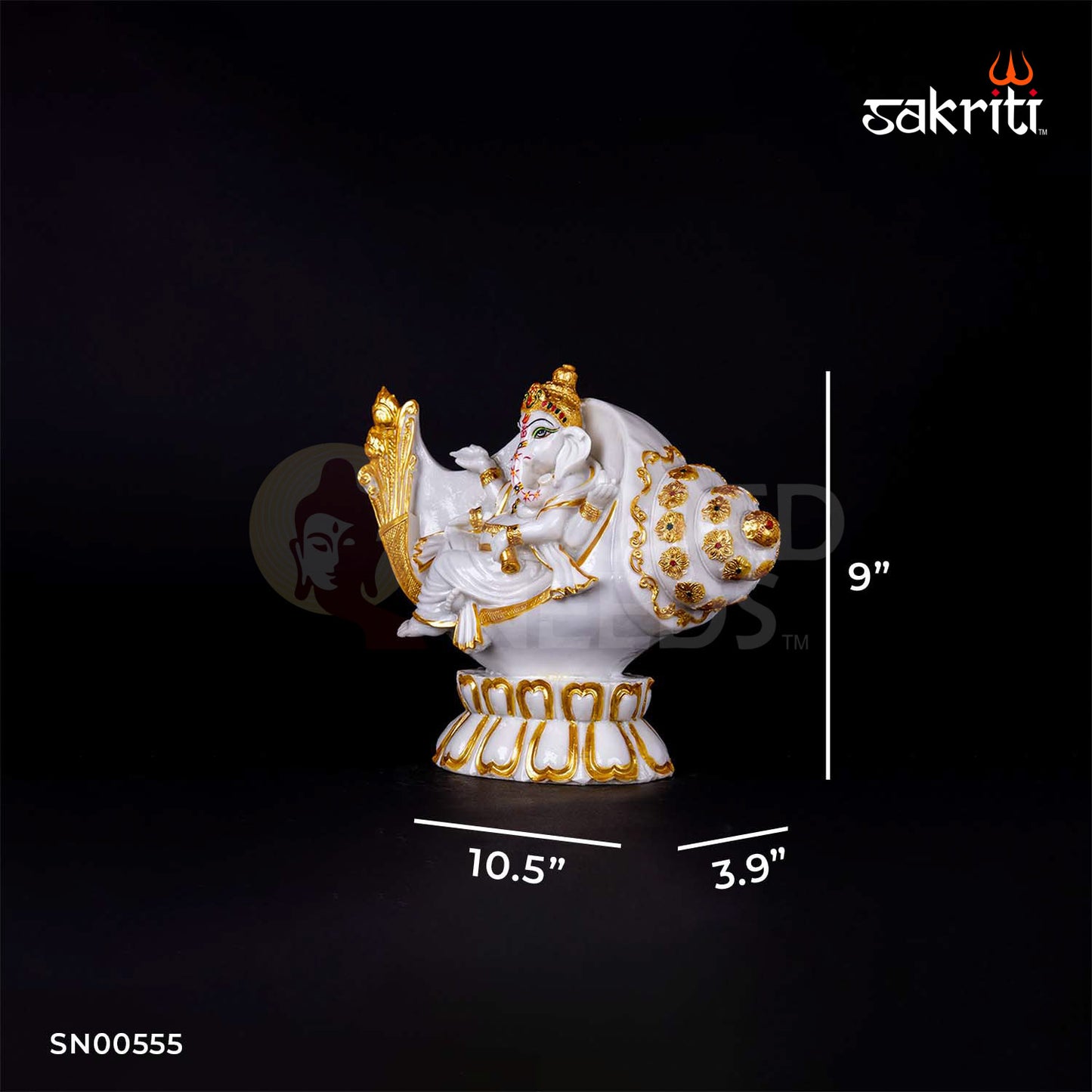 Shankh Ganesha Idol in Marble Dust – 9 Inch Height | Unique Ganpati with Conch Shell for Pooja & Home Decor