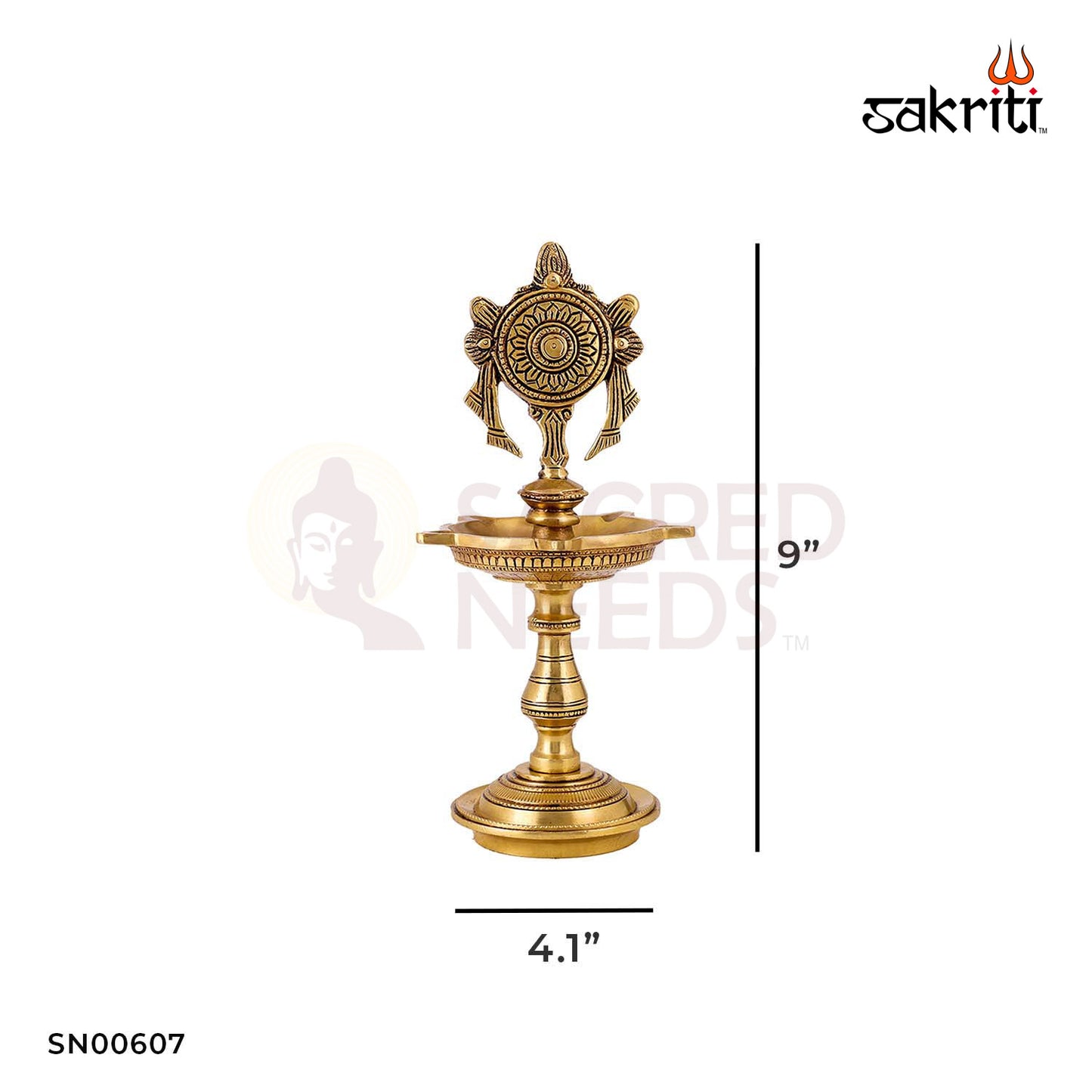 Brass Chakra Lamp with Stand – 9 Inch Height | Traditional Brass Lamp with Sudarshan Chakra Design for Rituals