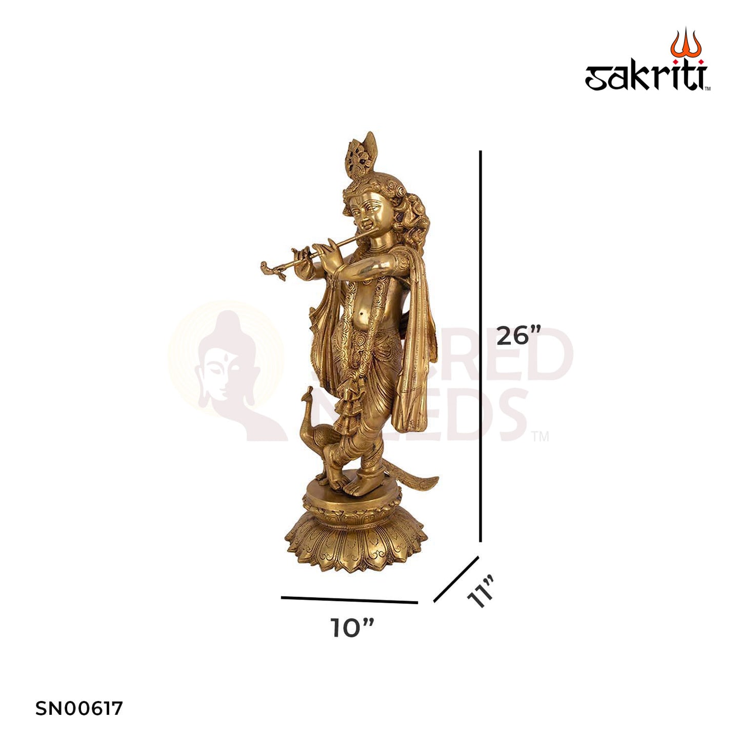 Brass Krishna with Peacock – 26 Inch Height | Majestic Krishna Idol with Peacock for Temples & Grand Decor