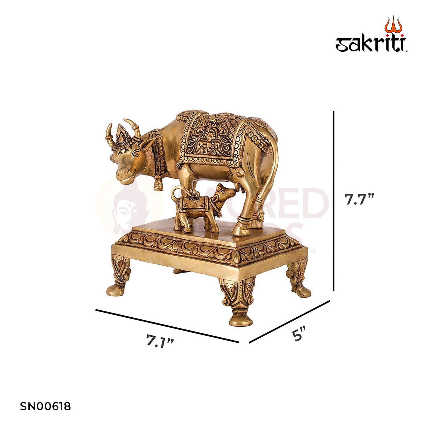 Sacred Needs Brass Cow and Calf Idol – 7.7 Inch Kamadhenu Statue for Home Decor & Pooja Room – Traditional Indian Vastu Figurine