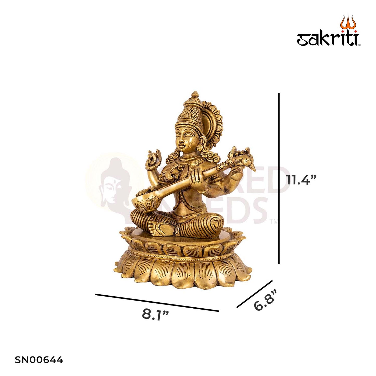Brass Lotus Saraswathi – 11.4 Inch Height | Goddess of Wisdom Seated on Lotus for Study Room & Pooja Space