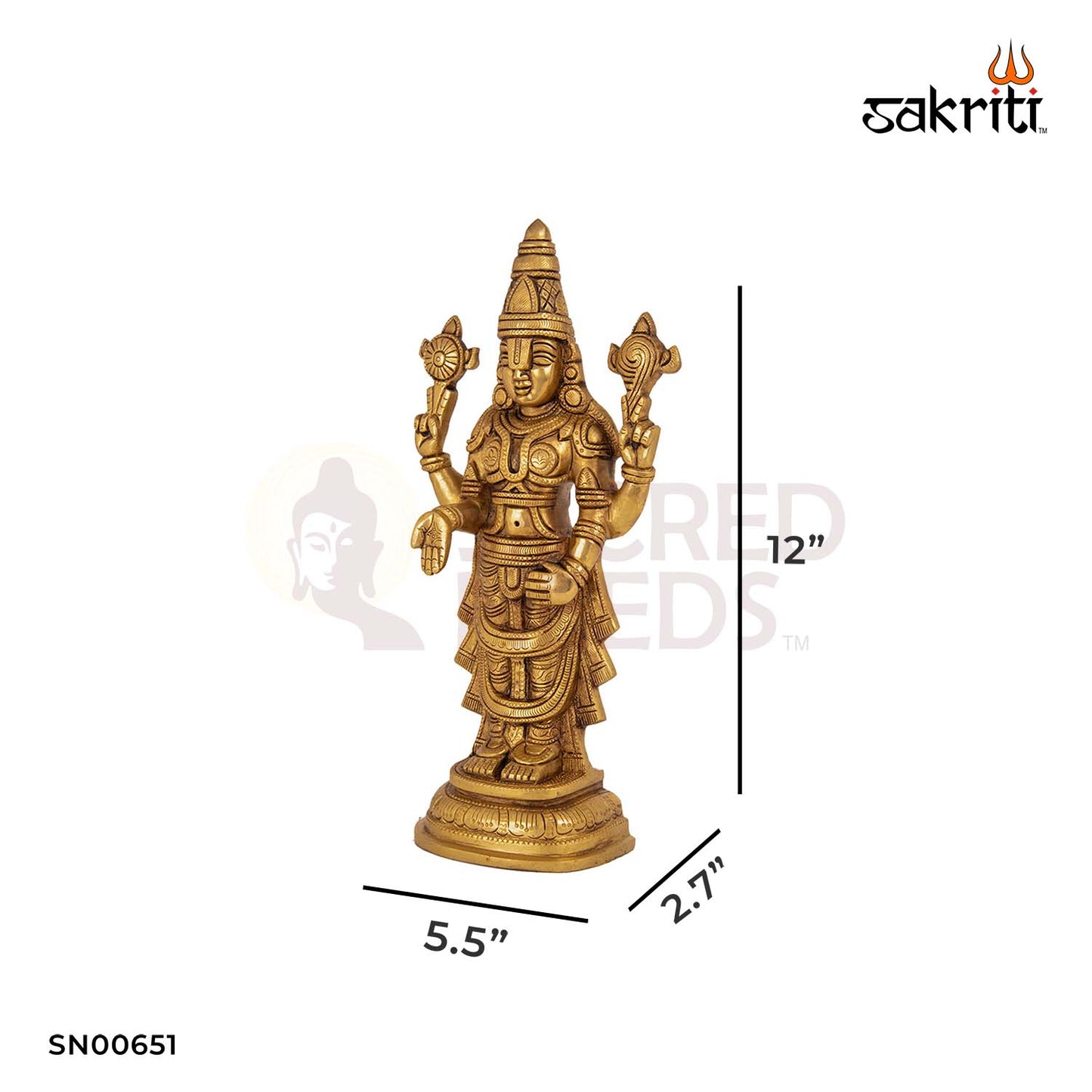 Brass Balaji – 12 Inch Height | Sacred Tirupati Balaji Idol for Devotion, Worship & Temple Decor