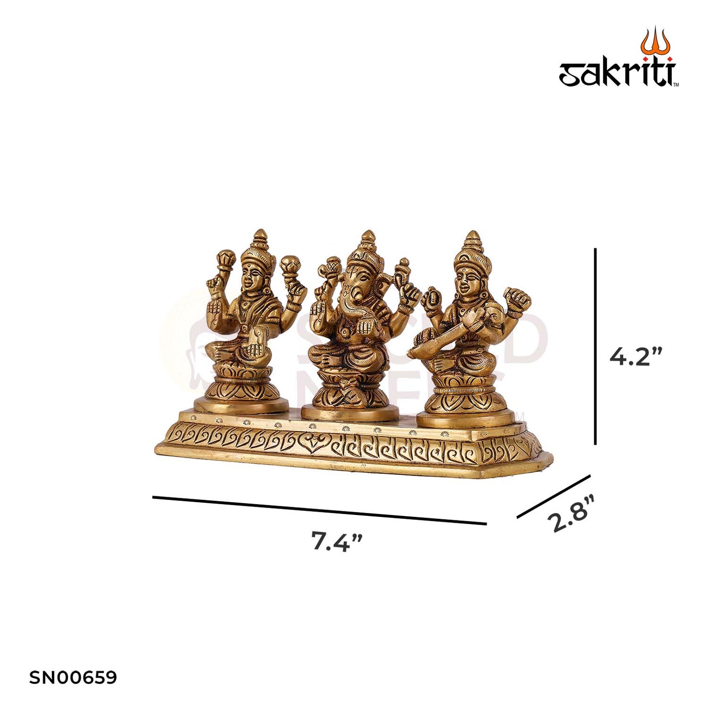 Brass Lakshmi Ganesh Sarashwathi with Base – 4.2 Inch Height | Lakshmi Ganesha Saraswathi Trio Idol for Pooja Room & Festive Decor