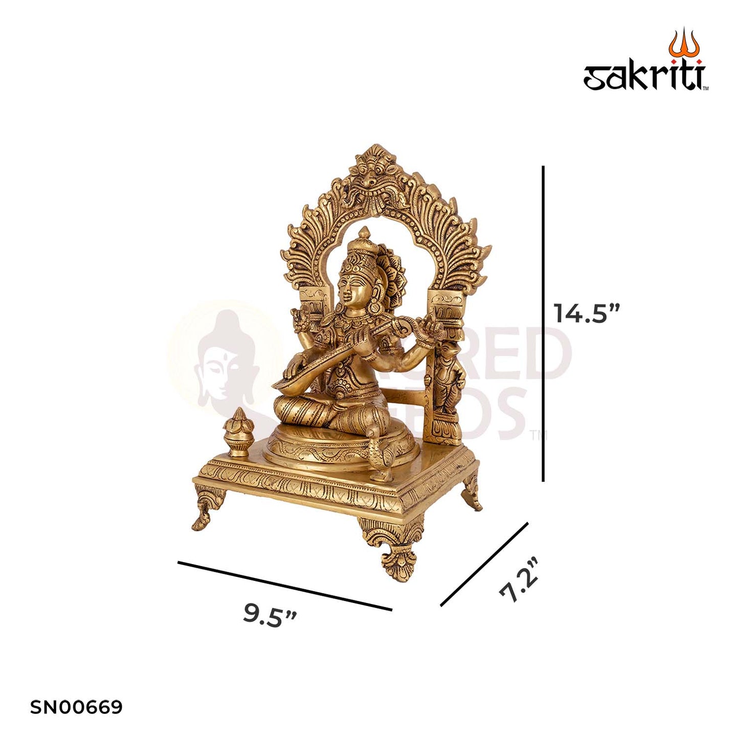Brass Saraswathi with Arch – 14.5 Inch Height | Goddess Saraswati with Arch for Knowledge & Devotional Decor