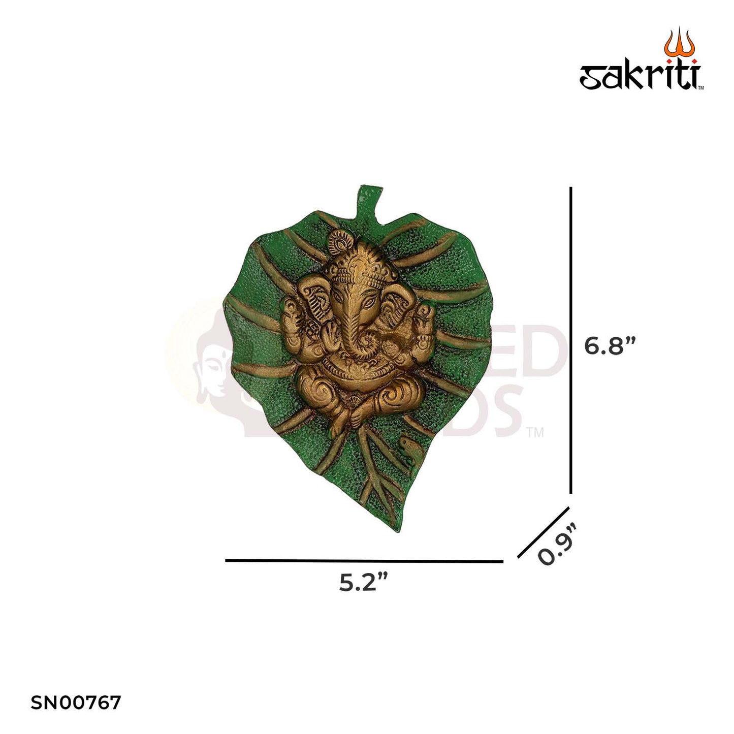 Aluminium Green Leaf Ganesha Mounted – 6.8 Inch Height | Ganesh Idol on Green Leaf for Positive Vibes