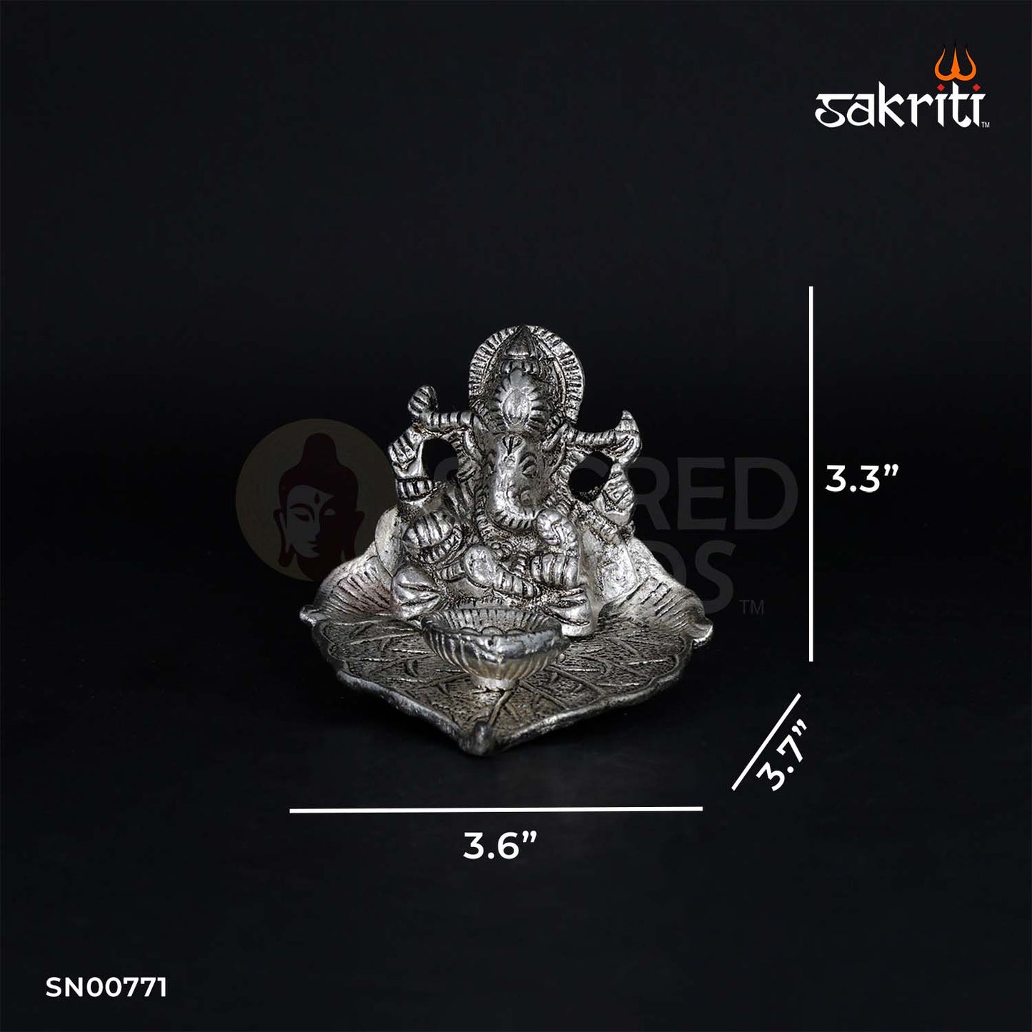 Aluminium Leaf Ganesha with Deepam – 3.3 Inch Height | Ganpati Idol on Leaf with Lamp for Mandir