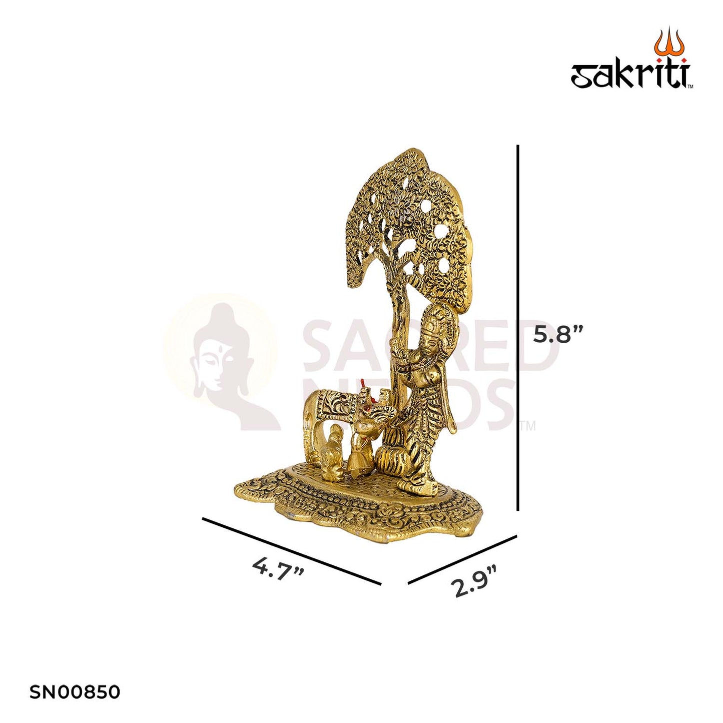 Aluminium Cow Krishna with Tree – 5.8 Inch Height | Spiritual Krishna Cow Statue for Home Pooja & Temple