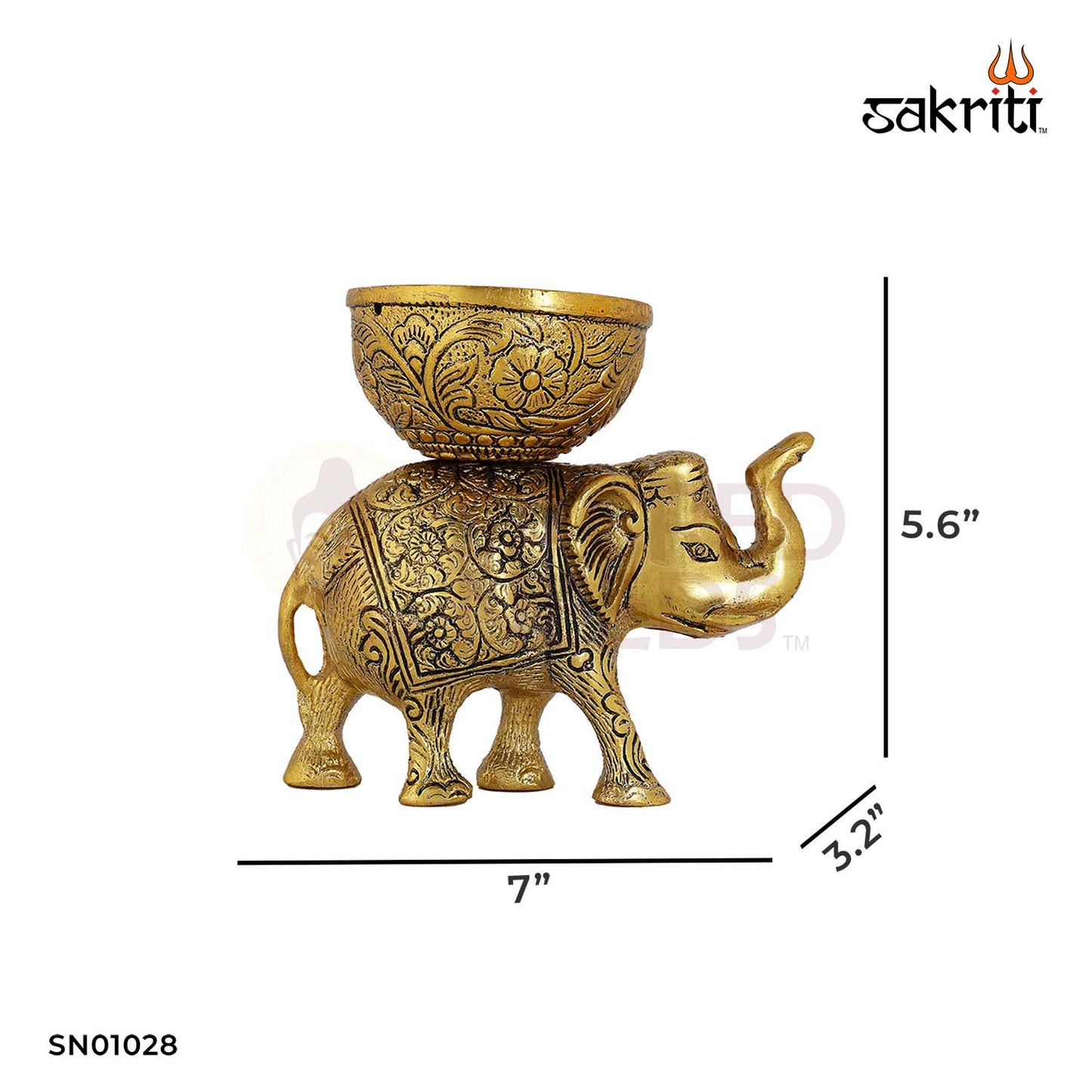 Aluminium Elephant with Bowl Gold Polish – 5.6 Inch Artistic Décor for Temple/Home