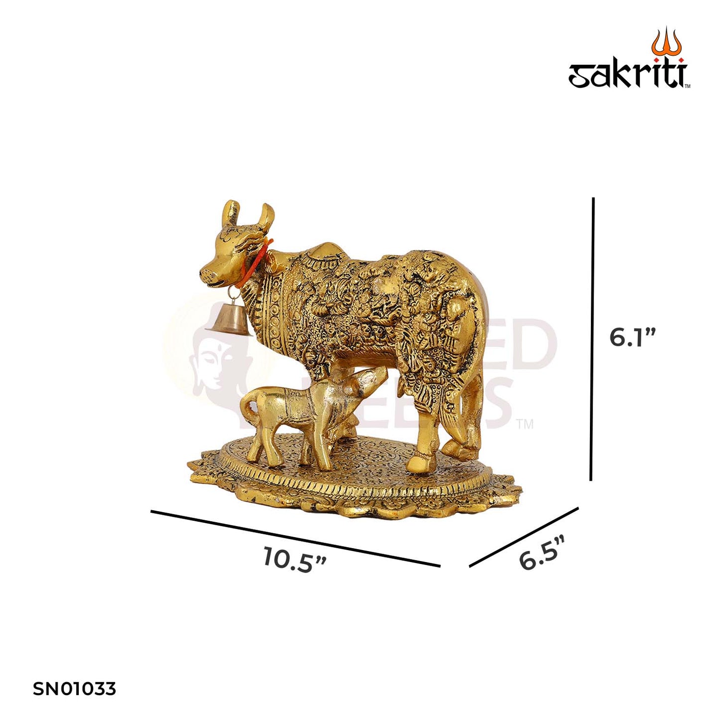 Aluminium Cow & Calf Idol Gold Polish – 6.1 Inch Traditional Hindu Home Décor