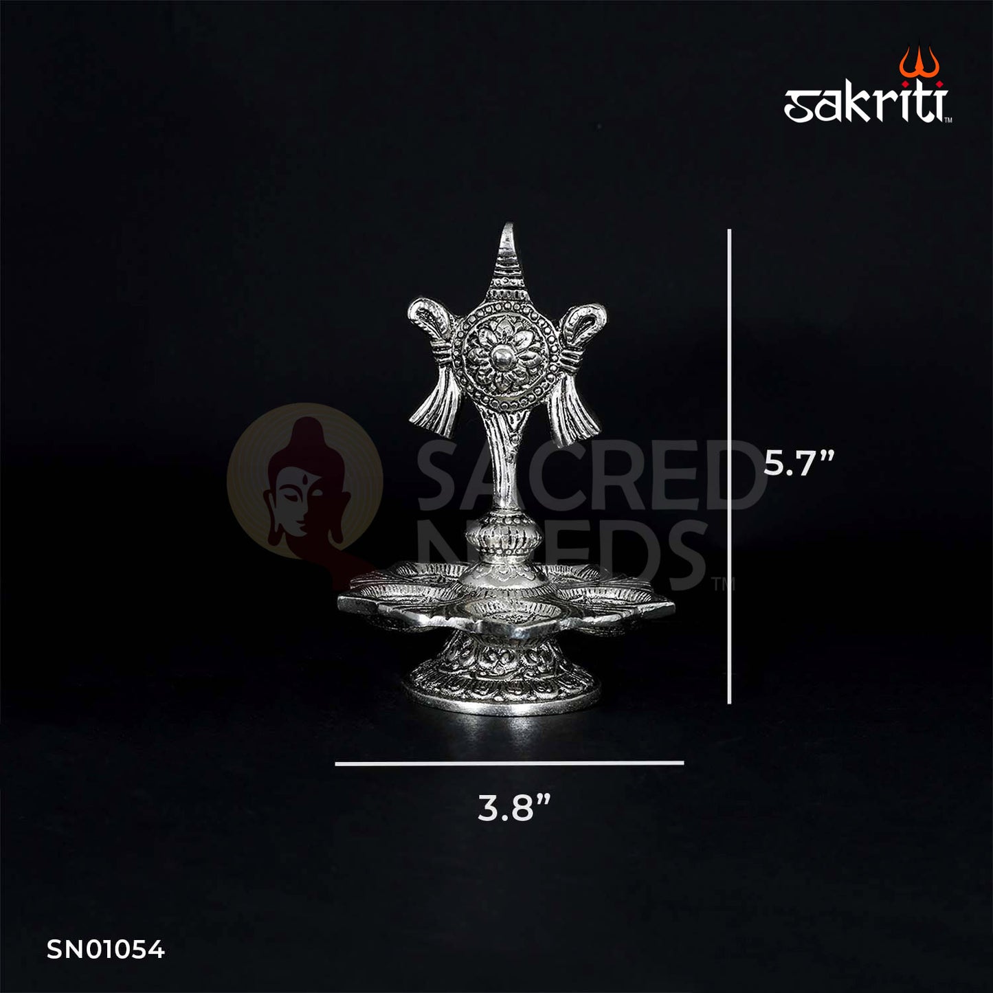Aluminium Shankh Chakra Deepam 5-Mukhi Silver Polish – 5.7 Inch Pooja Lamp