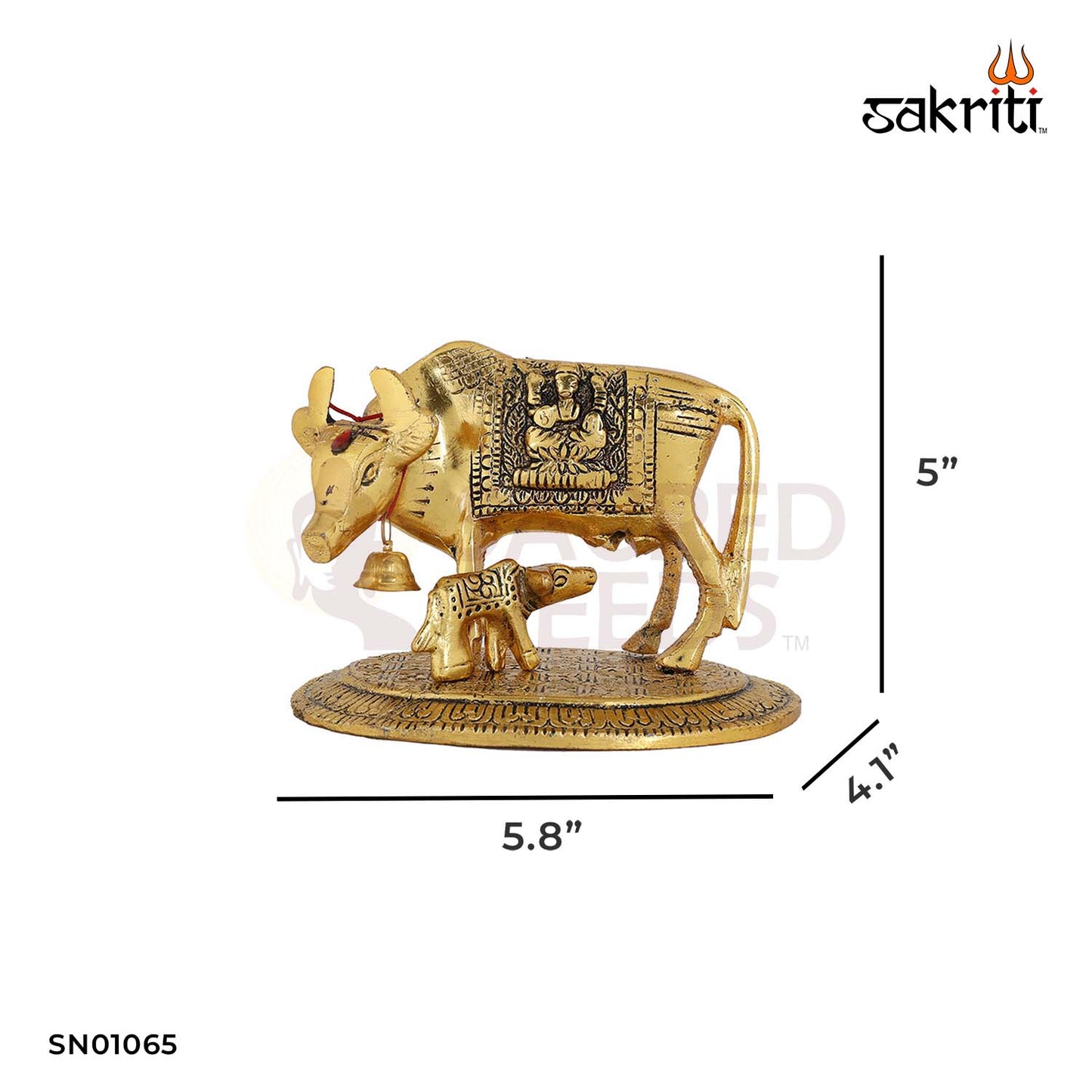 Aluminium Cow & Calf Idol with Gold Polish – 5 Inch Devotional Decorative Piece