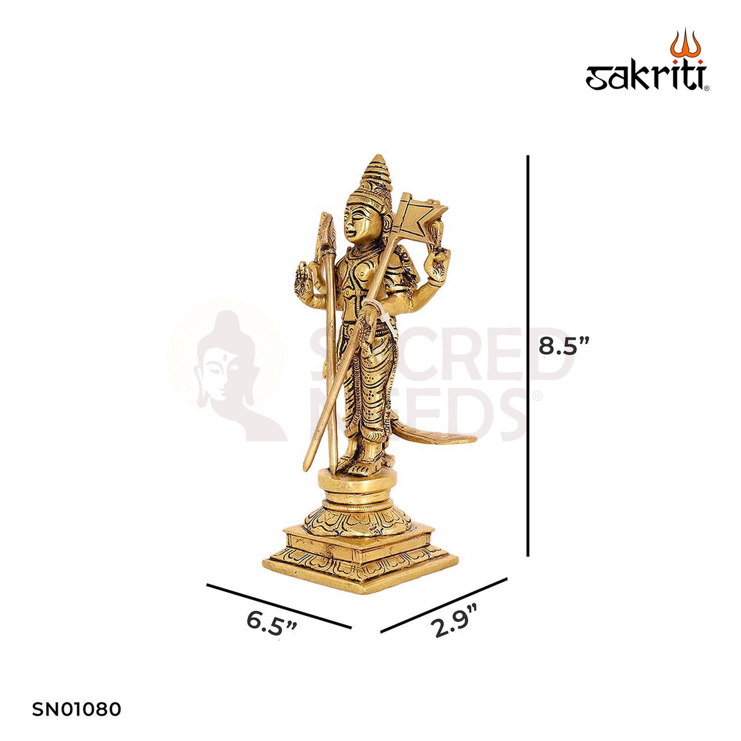 Brass Murugan with Vel and Flag – 8.5 Inch Decorative Kartikeya Statue