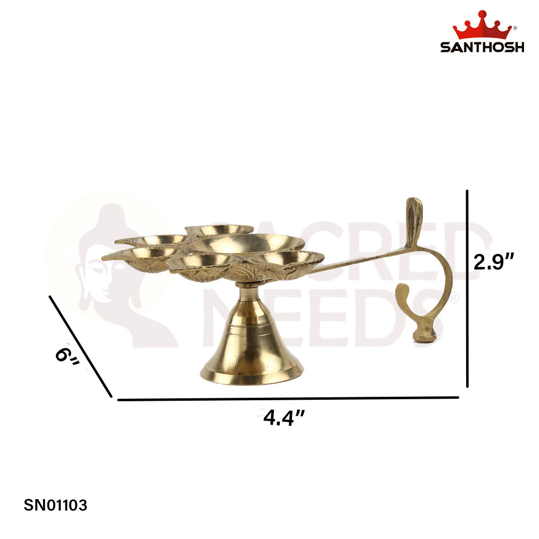 Brass Panch Arti Deepam – 2.9 Inch Five-Wick Traditional Brass Pooja Lamp