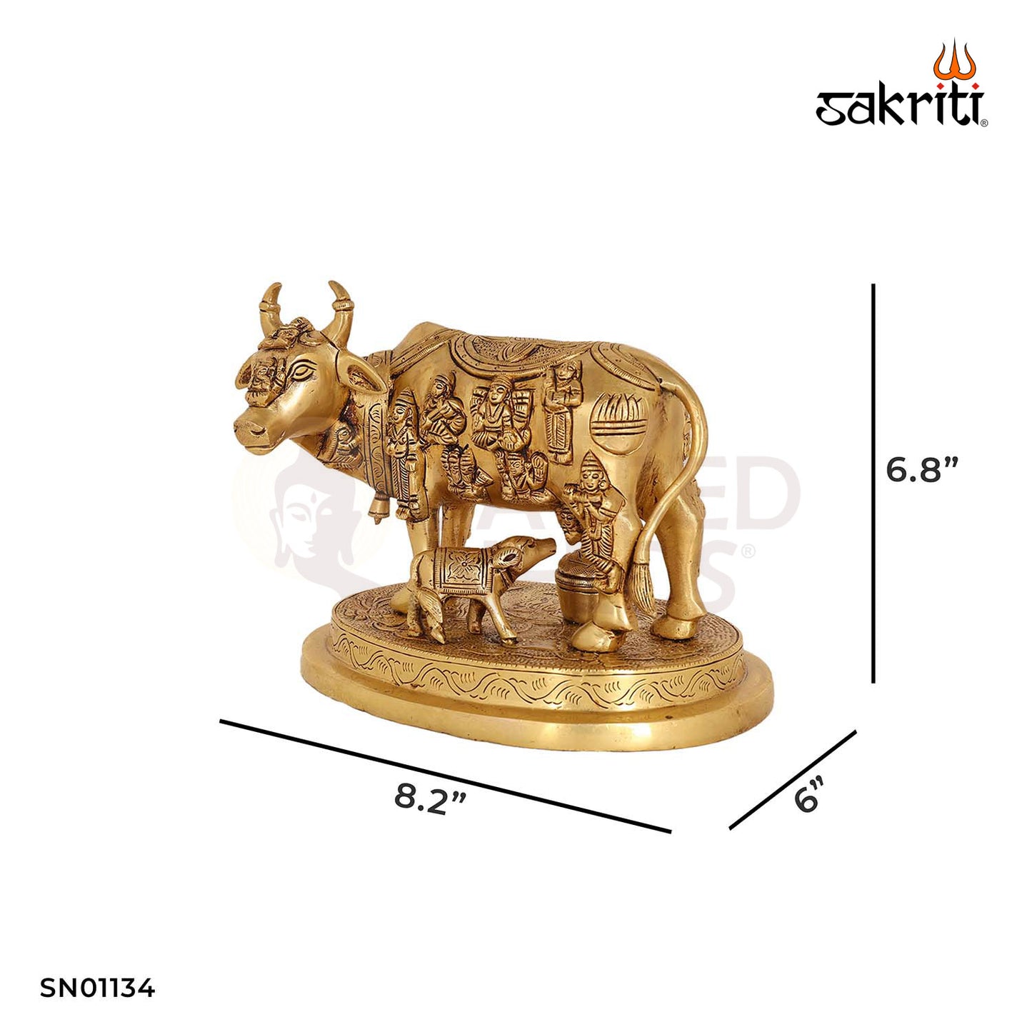 Brass Cow and Calf with All Gods Idol – 6.8 Inch Height | Kamadhenu Statue for Pooja Room, Temple & Spiritual Home Decor