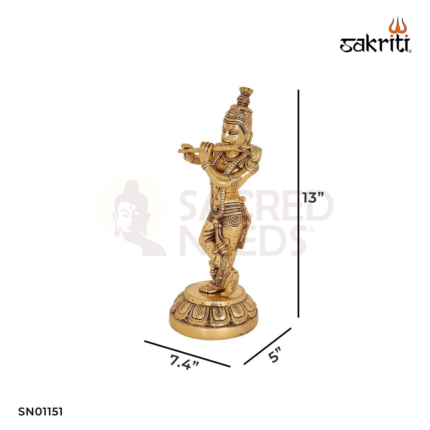Brass Flute Krishna – 13 Inch Lord Krishna Playing Flute Idol for Home Decor