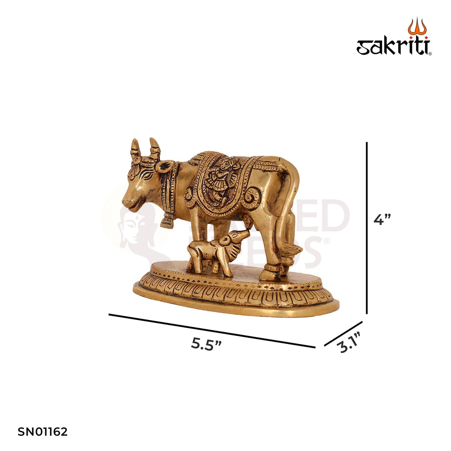 Brass Cow & Calf with Base – 4 Inch Kamadhenu Idol on Flat Platform