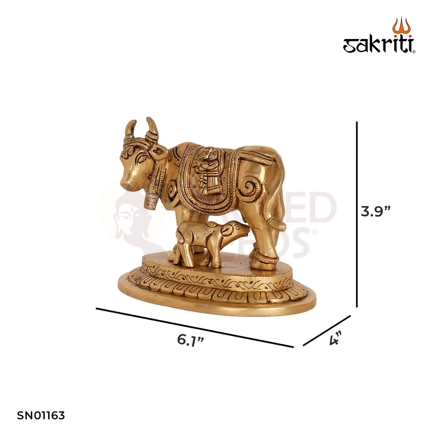 Brass Cow & Calf with Radha Krishna Design – 3.9 Inch Radha Krishna Themed Cow Figurine