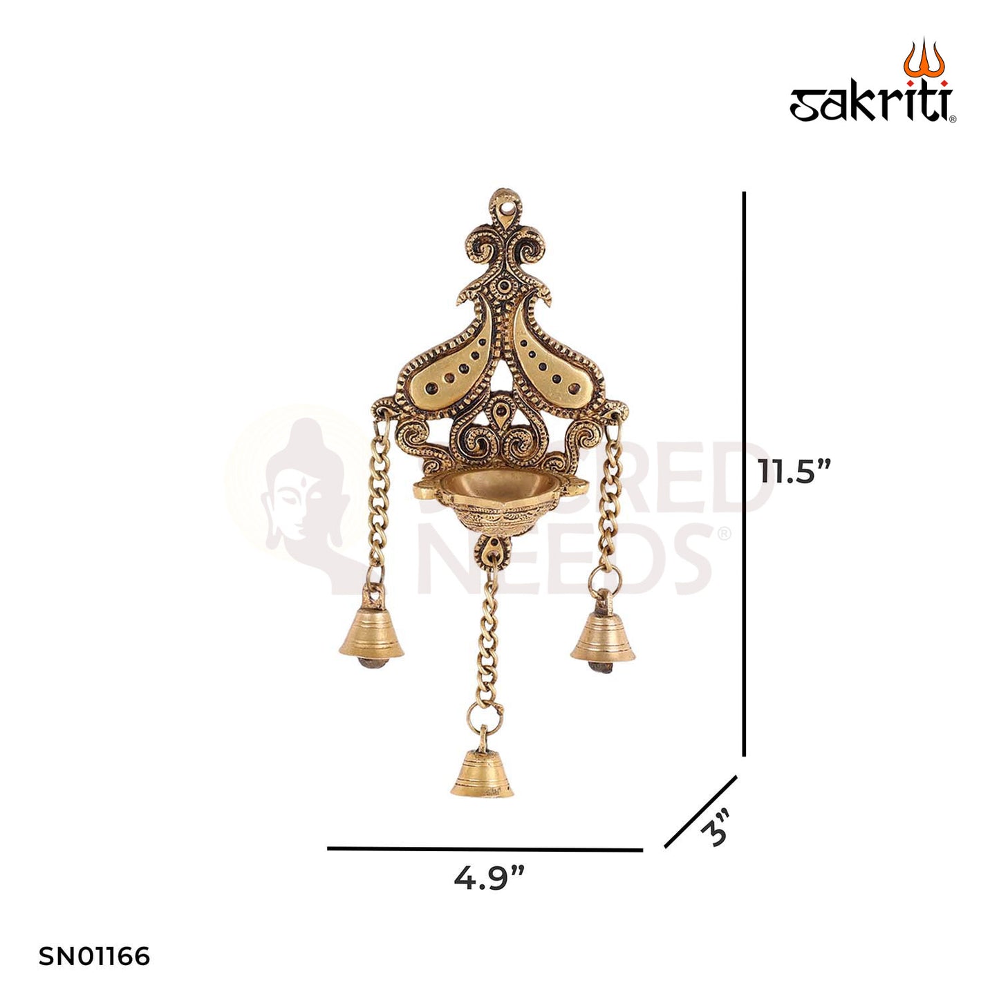 Wall Mounted Deepam with Bell – 11.5 Inch Brass Hanging Diya with Chime