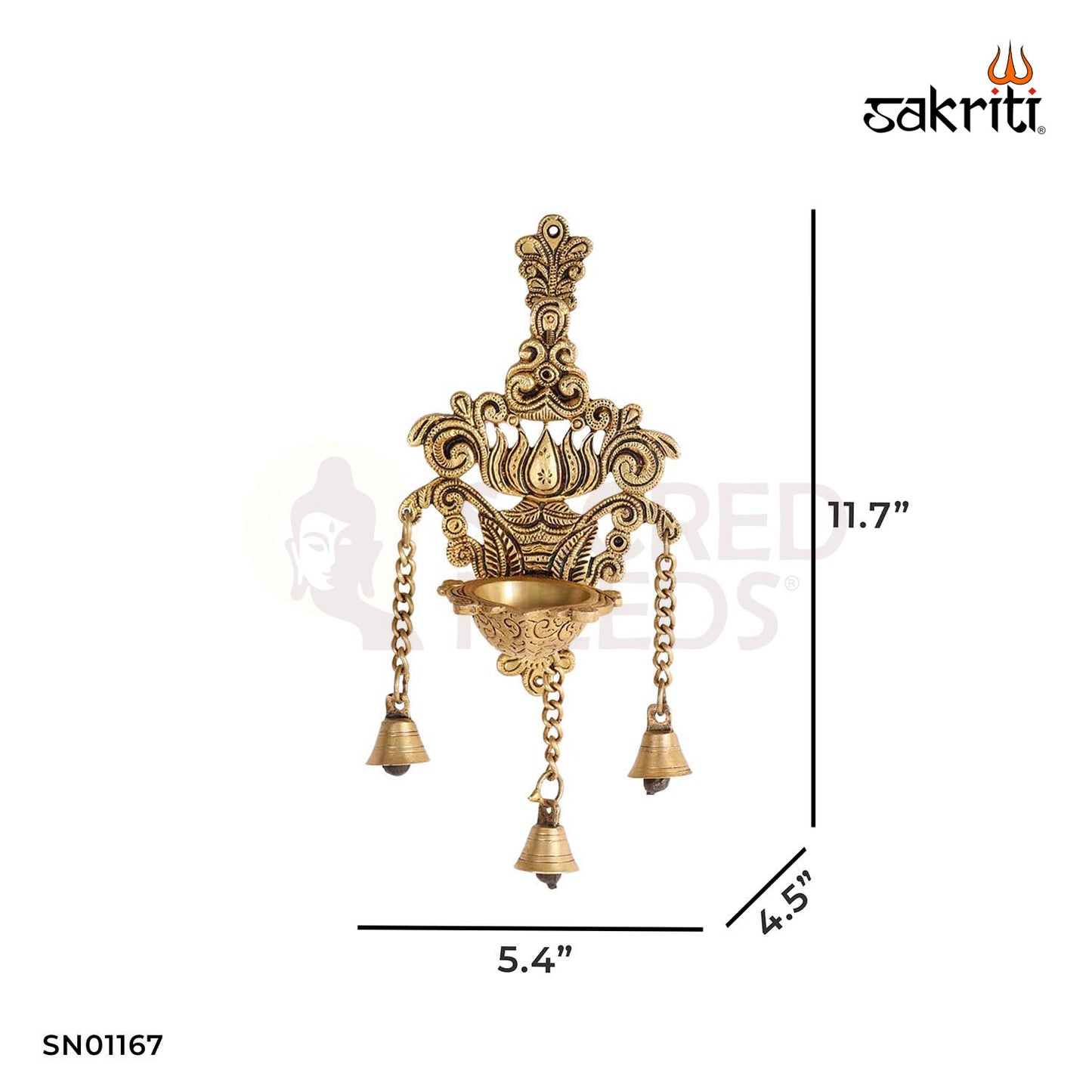 Wall Mounted Deepam with Bell – 11.7 Inch Traditional Hanging Pooja Lamp