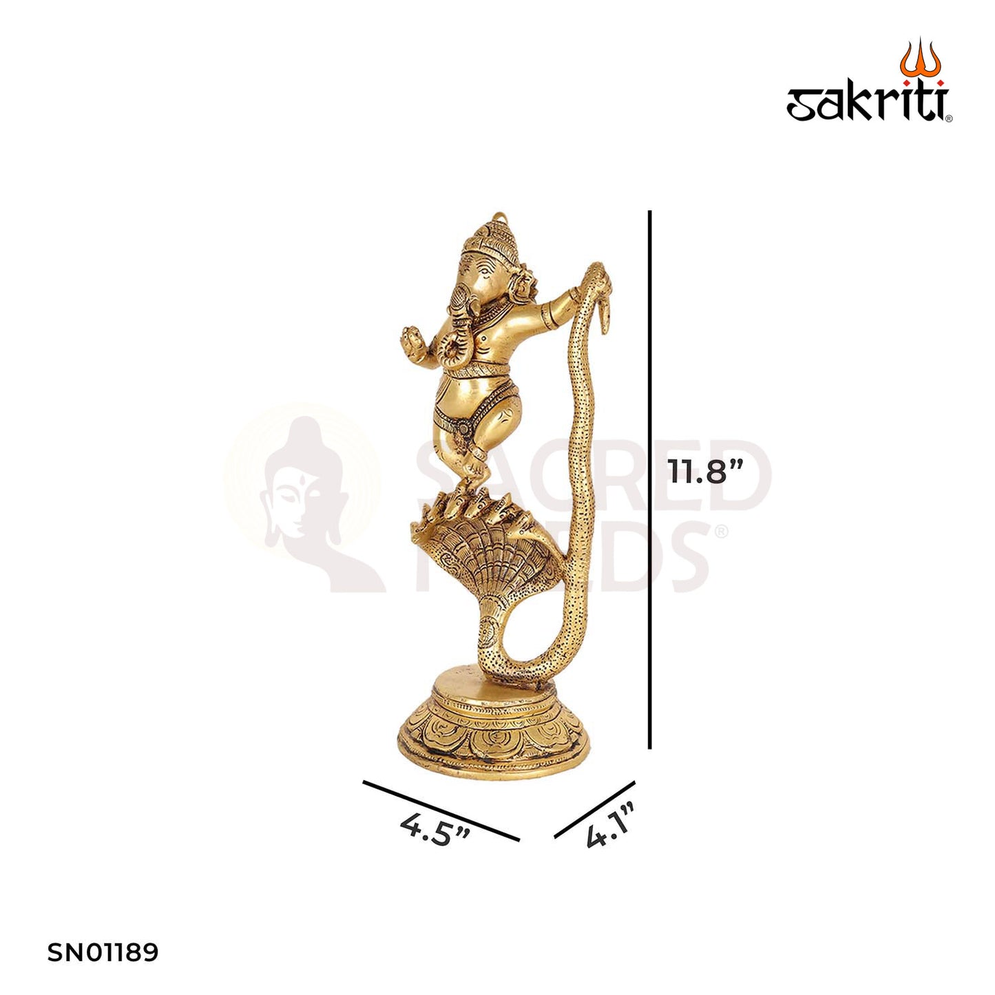 Brass Dancing Naag Ganesha – 11.8 Inch Vinayaka with Serpent in Dancing Pose