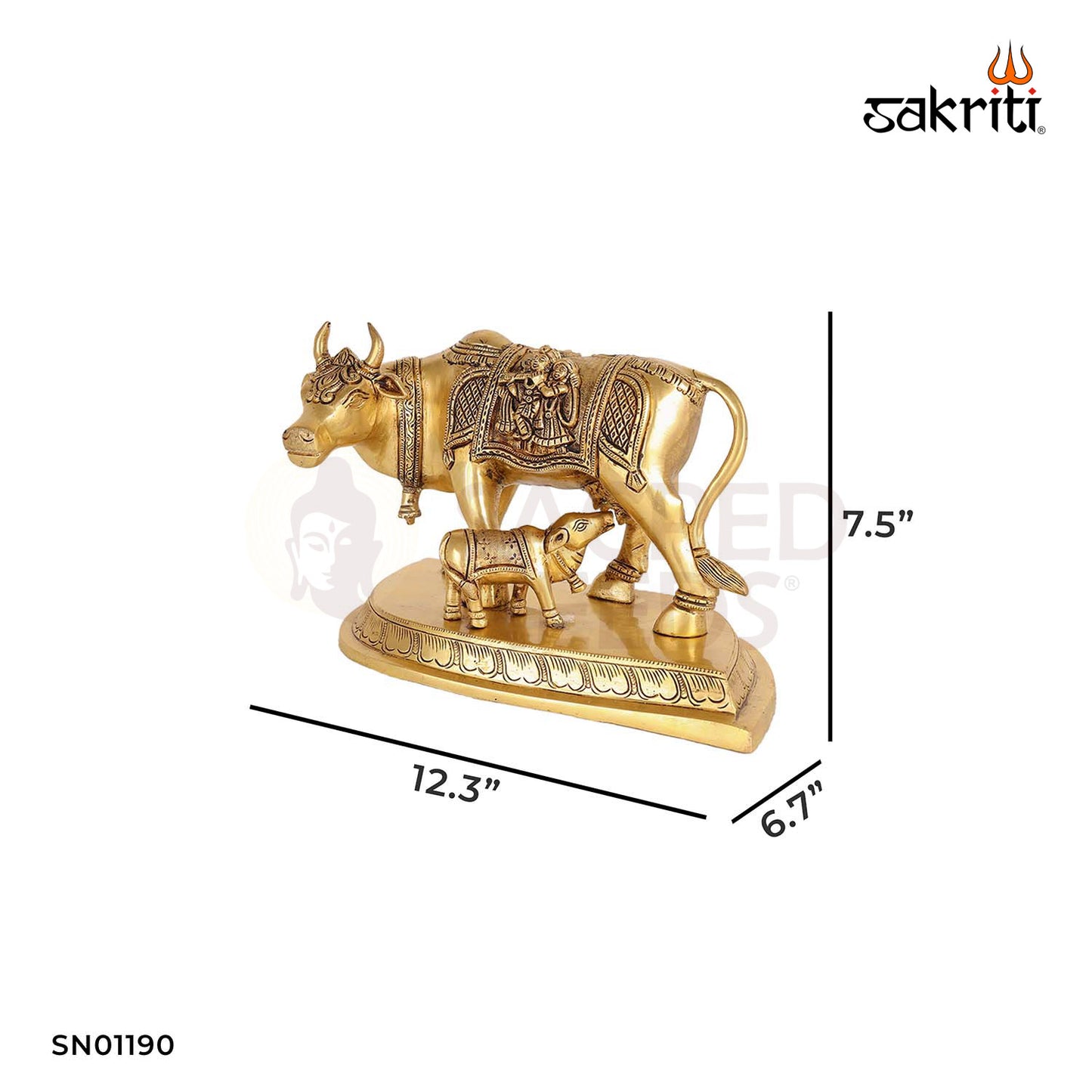 Brass Cow & Calf with Base – 7.5 Inch Kamadhenu Idol for Pooja or Gifting