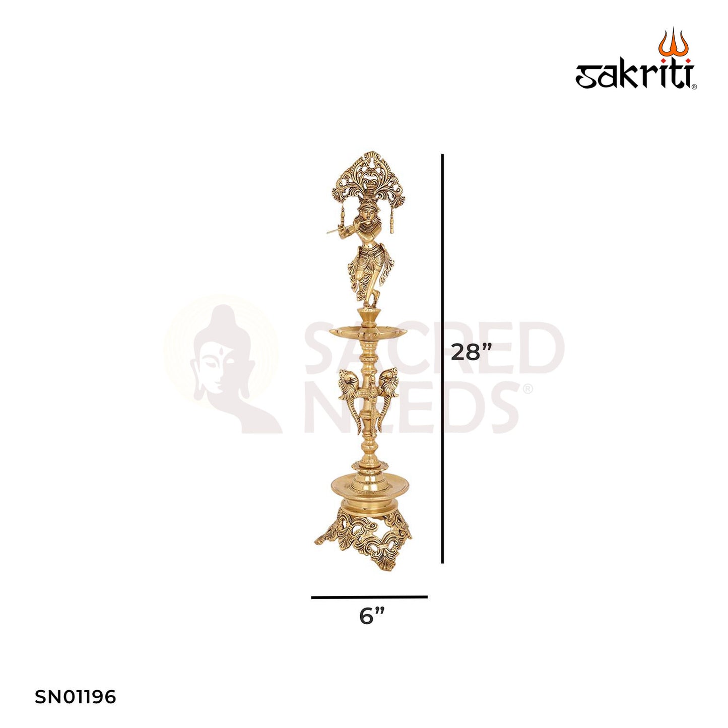Brass Antique Krishna Vilakku – 28 Inch Traditional Oil Lamp with Krishna Motif