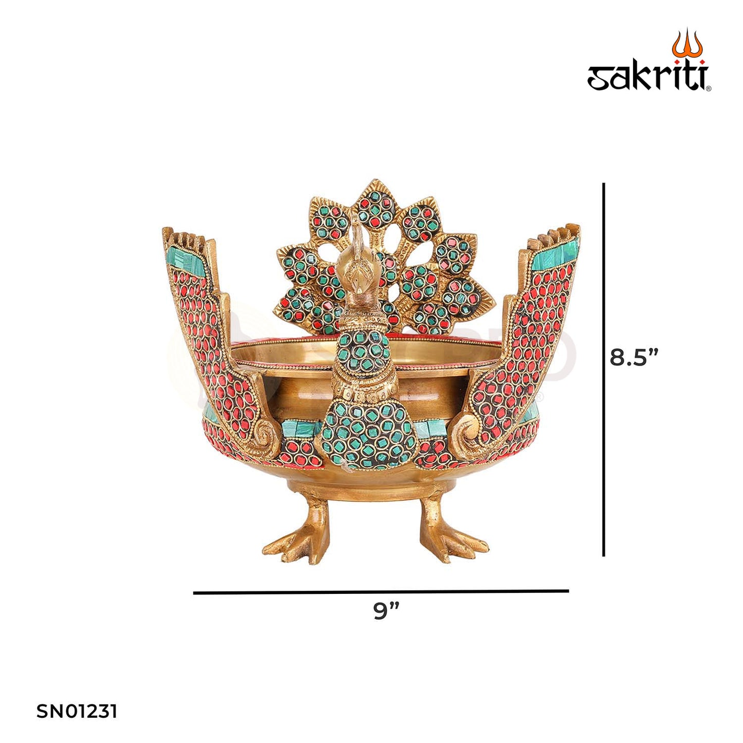 Brass Antique Peacock Urli with Stone – 9 Inch Length | Traditional Decorative Bowl for Pooja & Home Décor
