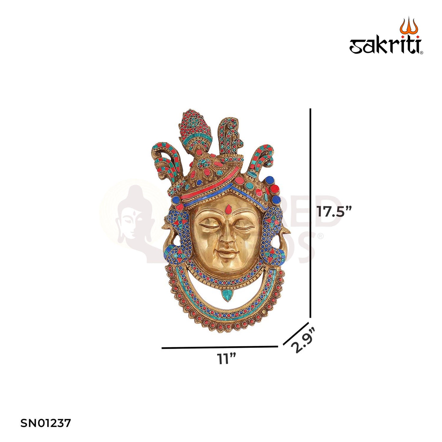 Brass Krishna Head with Stone – 17.5 Inch Krishna Face Adorned with Colorful Stones