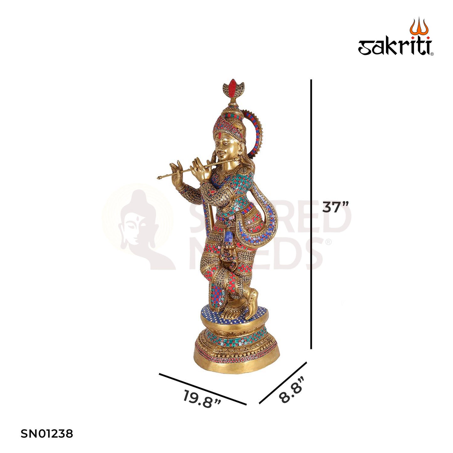 Brass Krishna with Stone – 37 Inch Full Idol Decorated with Semi-Precious Stones