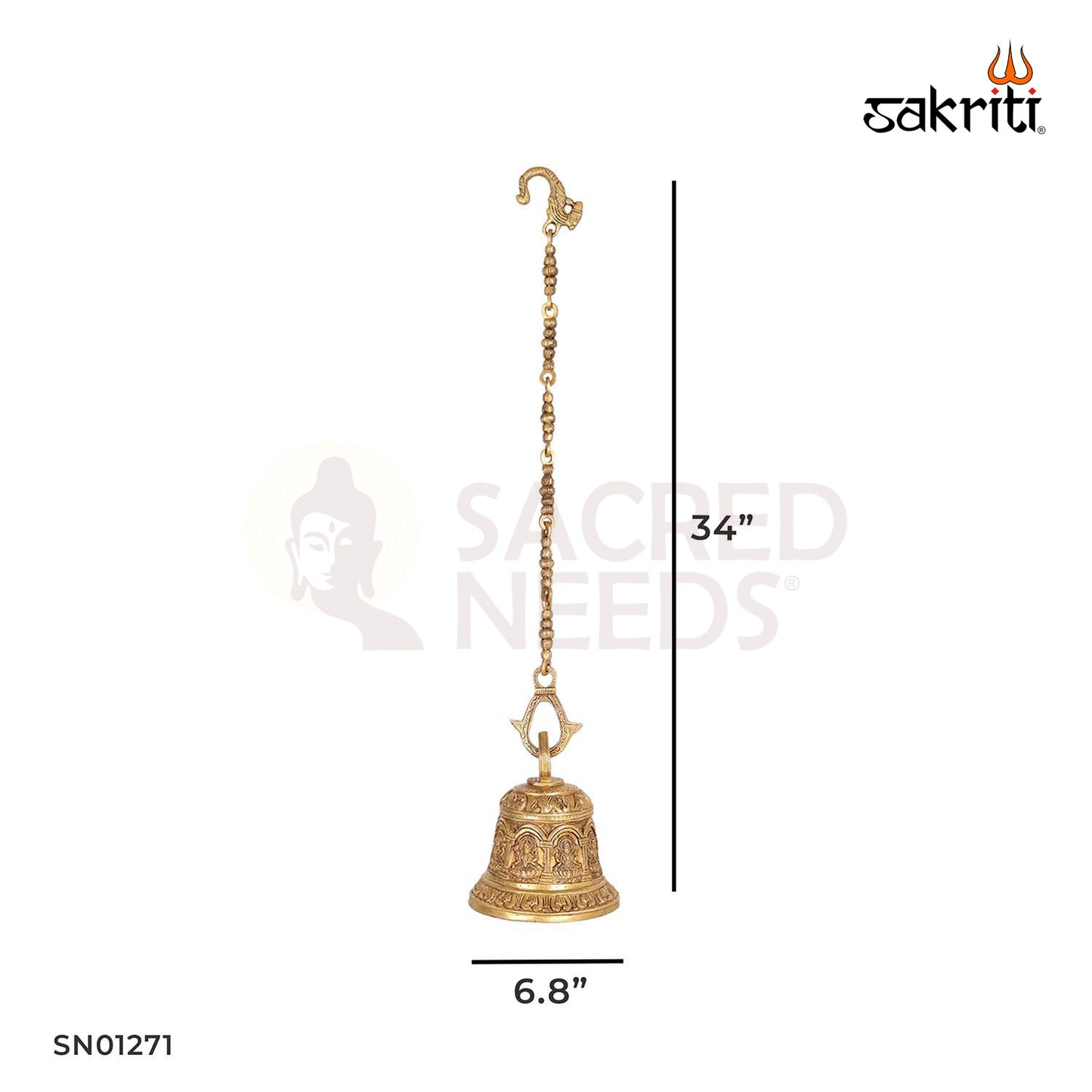 Brass Lakshmi Hanging Bell – 34 Inch Wall Bell with Goddess Lakshmi Figure